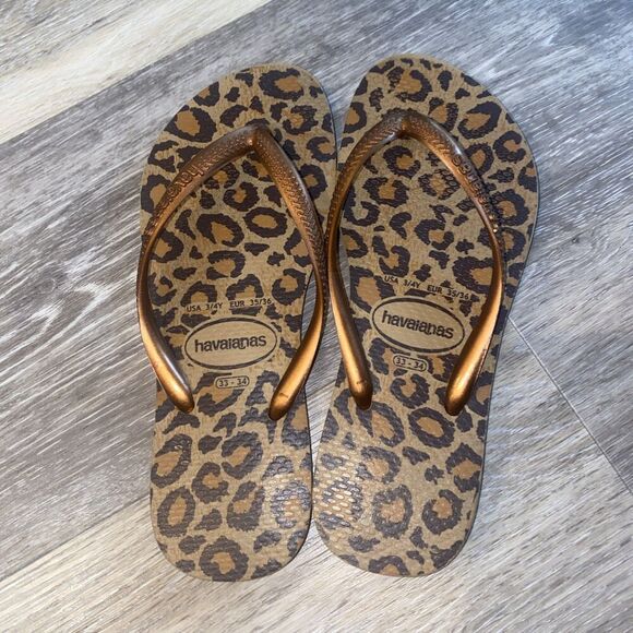 Havaianas Kids Leopard Print Flip Flops Bronze Strap Size 3/4 35/36 Beach Pool - Picture 1 of 5